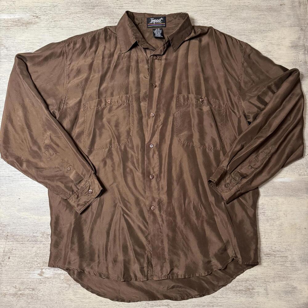 EUC Vintage 80s 90s 100% Silk Impact Chocolate Brown Blouse Size Medium M